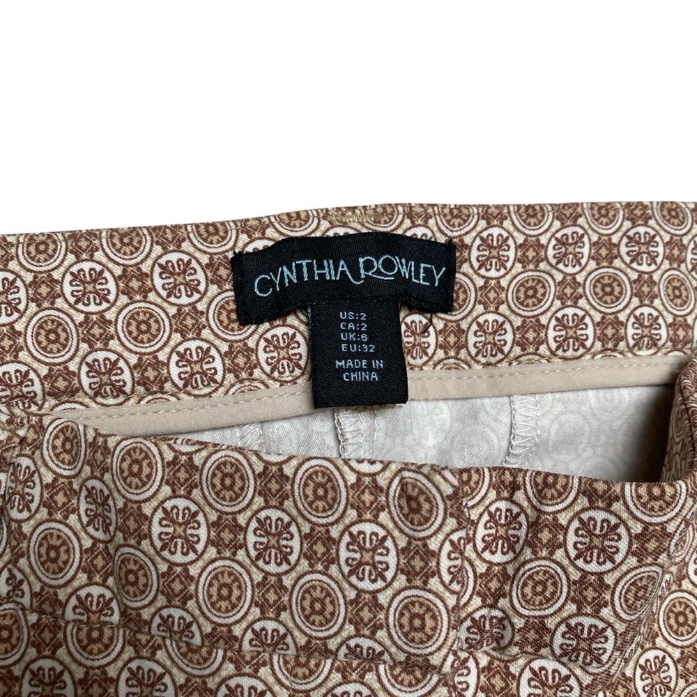 Cynthia Rowley Geometric Print Pants Brown Cream Stretch Ankle Trousers Sz 2 - Picture 9 of 10
